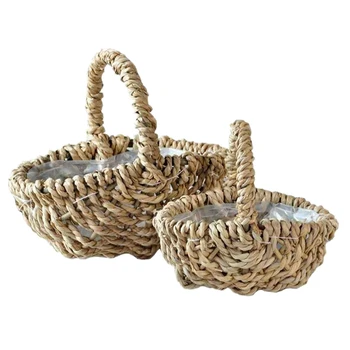 

Straw Rope Woven Plastic Lining Woven Flower Basket Wicker Hamper Gift Basket with Long Carry Handles, Natural