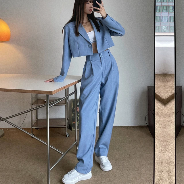 Women Sexy One Button Casual Cropped Blazer Jacket+High Waist Straight Draping Effect Pants 2021 Autumn Korean Harajuku Suits 4
