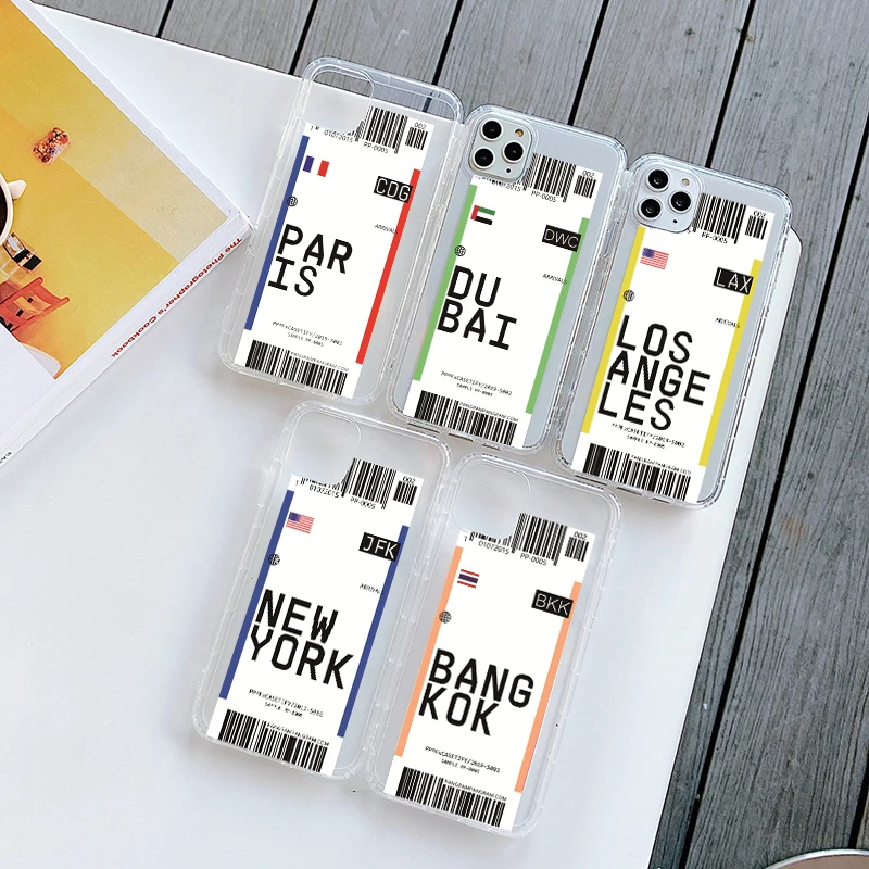 

Hot ins Air tickets letter City Label Bar code Phone Case For iPhone 11 Pro Xs MAX XR X 6 s 7 8 plus Clear soft silicon Cover
