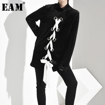 

[EAM] Loose Fit Bandage Velvet Sweatshirt New High Collar Long Sleeve Women Big Size Fashion Tide Spring Autumn 2020 YA3090