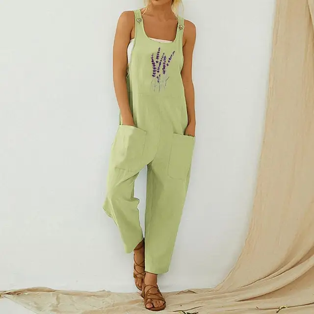 Womens Dungarees Print Rompers 2021 Summer New Ladies Casual Loose Linen Cotton Jumpsuit Sleeveless Pocket Overalls Playsuit 3A1850-Green
