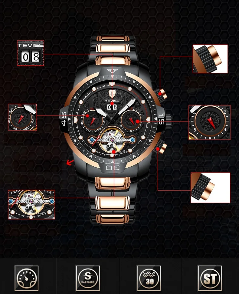 Big Man Watch TEVISE T816A Tourbillon Week Date Month Automatic Mechanical Wristwatch Luminous Hand Scale Watch Men Dropshipping (5)