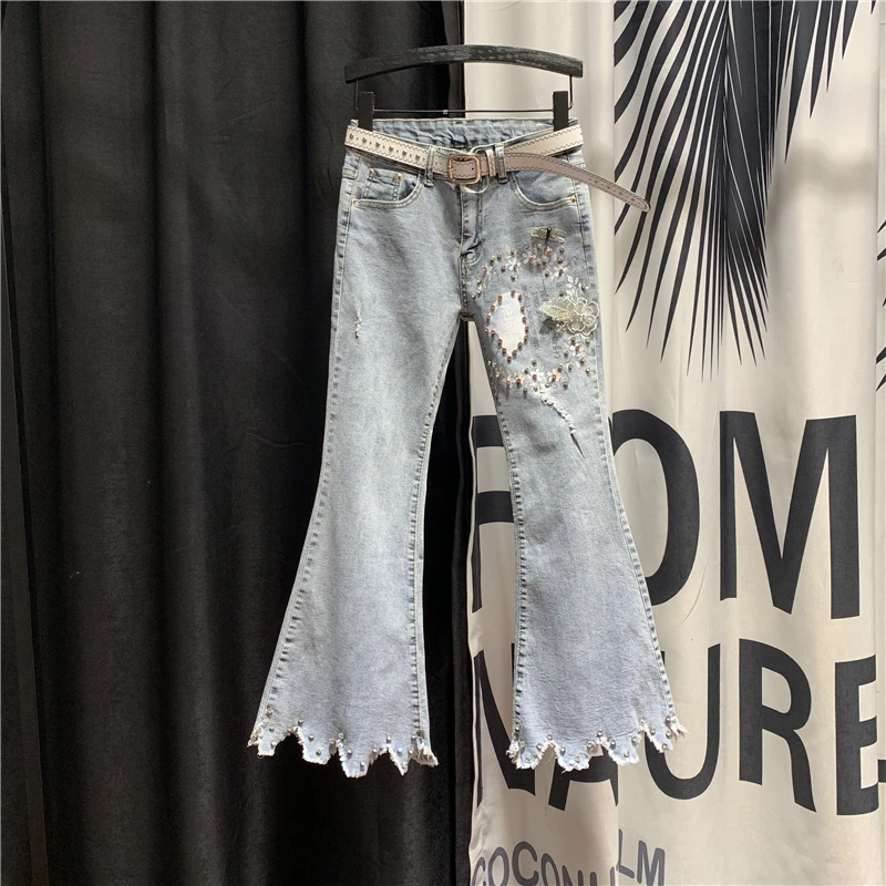 

2020 Spring Autumn New Korean-style High Waist Beads Printed Ripped Jeans Women INS Tassels Pants Ladies Flare Pants Jeans