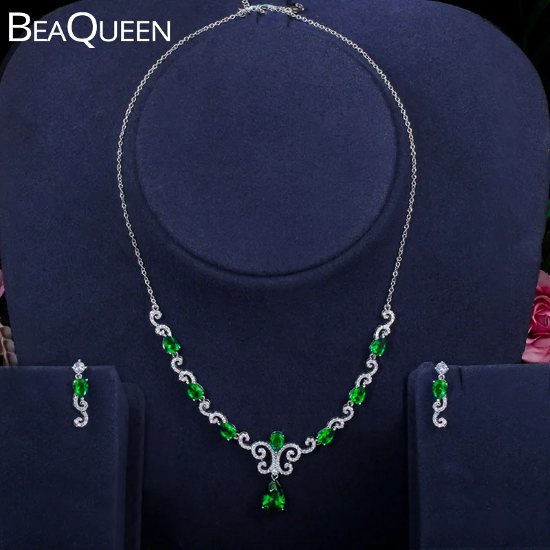 

BeaQueen Green Water Drop Crystal Micro Paved Cubic Zircon Engagement Wedding Earring Necklace Jewelry Sets for Brides JS267