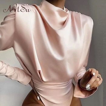 Artsu Elegant Satin Pink Blouse Long Sleeve Bodysuits Tops Women 2020 Spring New Romper Mujer Ladies Cute Shirts ASJU60703