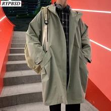 Мужской Тренч с капюшоном длинный Тренч мужской осенний свободный, в Корейском стиле Длинная ветровка мужская куртка на молнии черный m-xxl