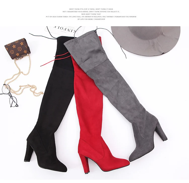 Новинка года; женские эластичные модные сапоги выше колена; цвет черный, серый, красный пушистые пикантные зимние сапоги на высоком каблуке Женская обувь; большие размеры