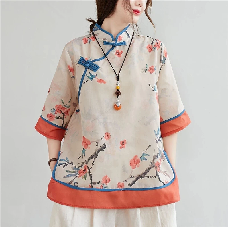 

Women Chinese Traditional Style Tops Cotton Linen Loose Blouses Cheongsam Female Vintage Buckle Hanfu Shirts