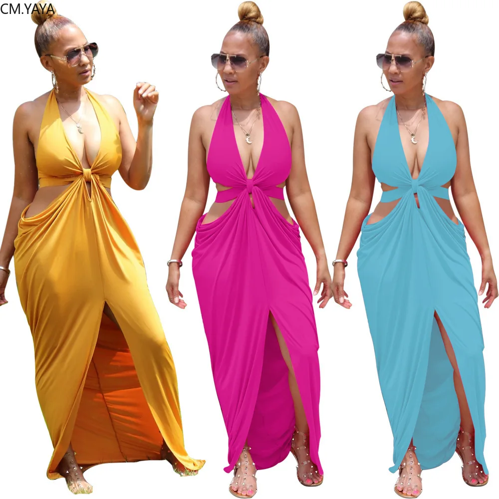 CM.YAYA Women Halter V-neck Open Back Split Irregular Maxi Dress Sexy Party Club Floor Length Beach Long Dresses Vestidos | Женская