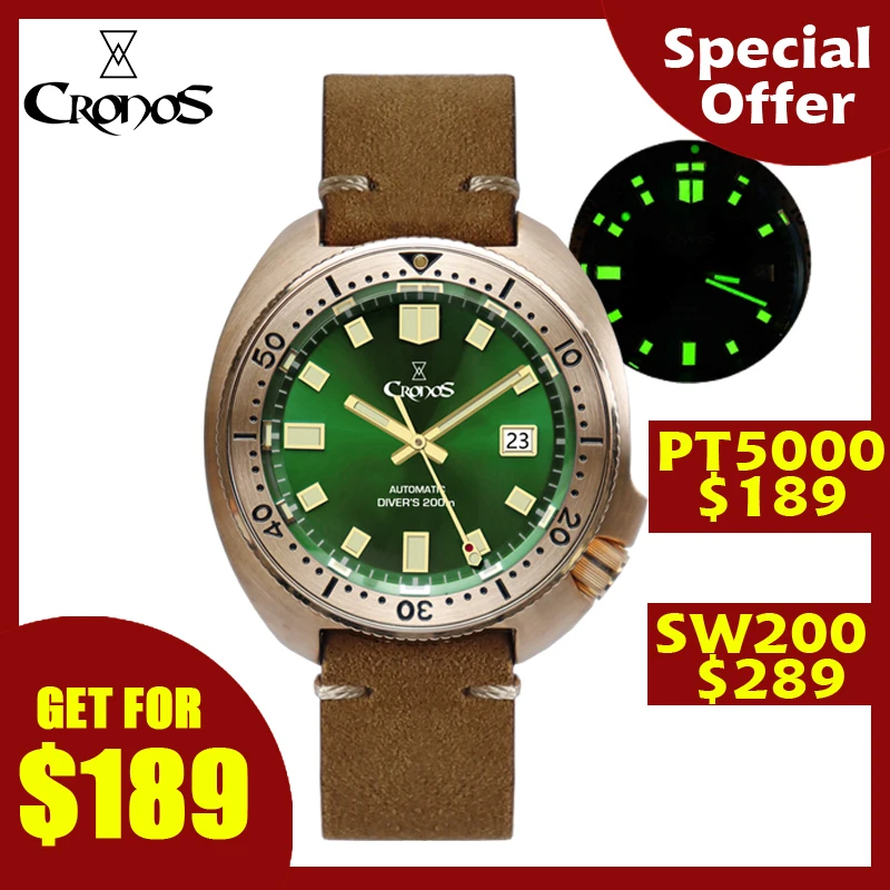 Cronos Turtle Diver Мужские часы бронзовые автоматические PT5000 SW200 вращающийся ободок