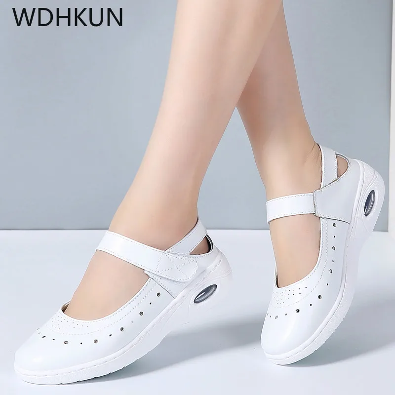 

Women Mary Janes Flats Shoes Genuine Leather Round Toe Non-slip Rubber Ballet Flats Career Nurse White Flat Shoes Summer