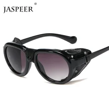 JASPEER PU кожаная оправа панк Солнцезащитные очки для мужчин брендовые черные стимпанк круглые очки Женские винтажные кнопка-заклепка солнцезащитные очки