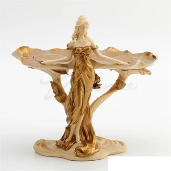 

CHINA CREATIVE WOMAN LOTUS LEAF STATUE JEWELRY DISH ART SCULPTURE RESIN CRAFTS DECORATIONS FOR HOME BIRTHDAY GIFT R3206