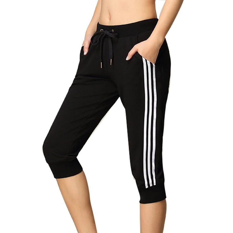 Pantalones Capris de chándal para mujer, Pantalón elástico con cordón lateral a rayas, cintura alta, informales, longitud de pantorrilla, de talla grande