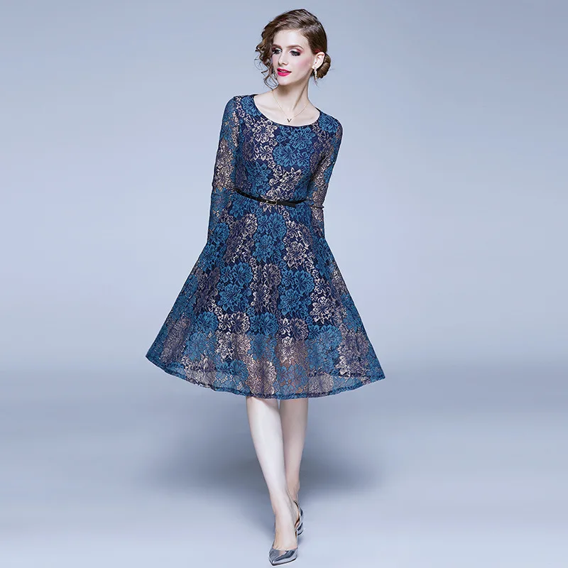 

Europe And America 2020 Spring Clothing New Style WOMEN'S Dress Slim Fit Slimming Elegant Long Sleeve Medium-length A- line Lace