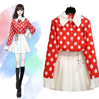 

Spring New Women'S Suits Clothing Sets Dot Print Chiffon Shirt Blouse Wave Pleated Skirt Two Piece Mini Garment Casual Dress