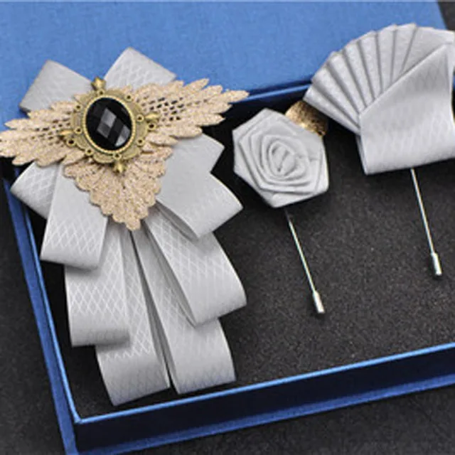 British New Fashion Men's Wedding Performance Groom Wedding-Party Flower Collar Bow Tie Pocket Towel Square Set Men Accessories Silver set 1