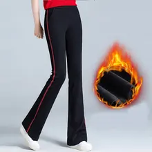 Женские расклешенные брюки, брюки для офиса, флисовые Теплые Красные черные эластичные брюки размера плюс, зимние рабочие брюки с высокой талией для мам