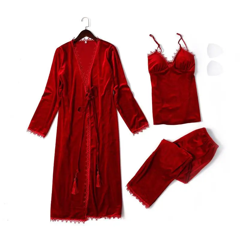 Женский сексуальный комплект из 3 предметов, ночная рубашка и халат, кимоно, халат, бархатный костюм-двойка, халат, топ на бретелях и штаны, домашняя одежда, ночная рубашка