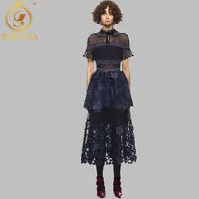 Кружевное темно-синее длинное платье, лоскутное макси-платье из кружева с объемными цветами,, SMTHMA