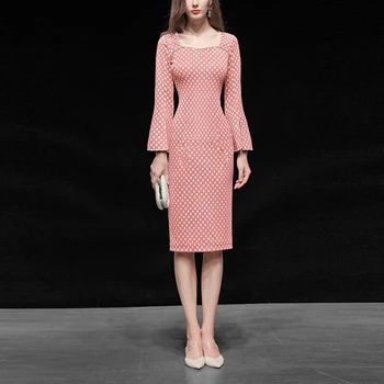 

Seifrmann Women Fashion Autumn Designer Midi Dress Long Sleeve Gorgeous Beading Floral Print Bodycon Ladies Party Pencil Dresses