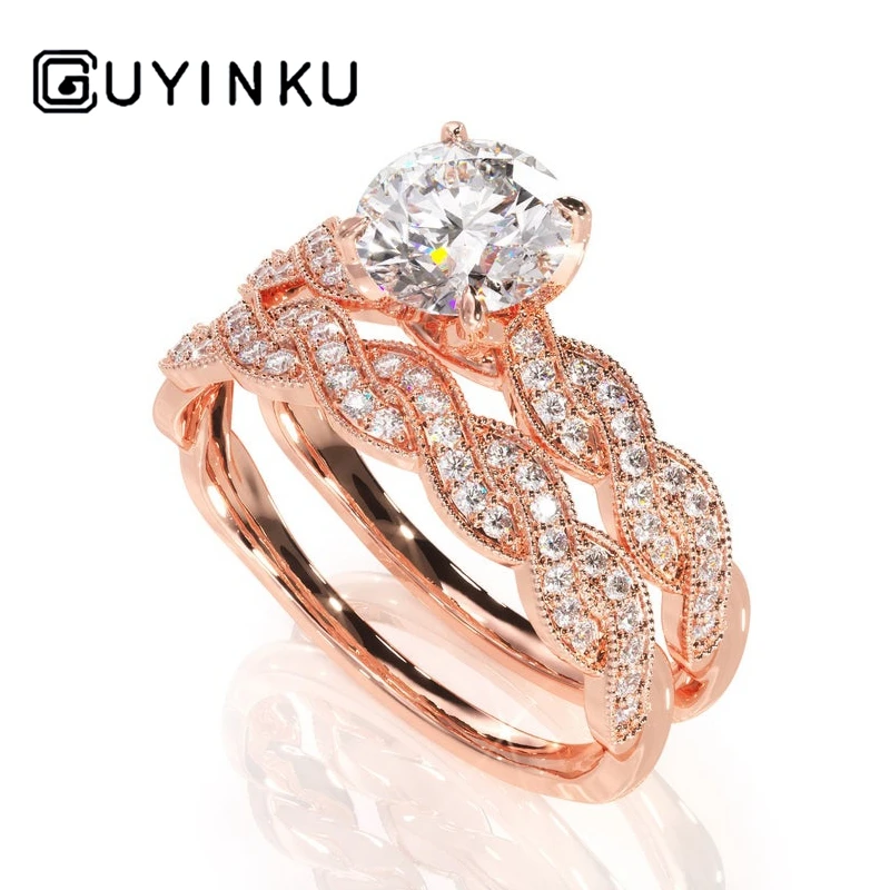 

GUYINKU 14k 585 Rose Gold 1ct 6.5mm EF Color Moissanite Twist Band Engagement Ring Set for Women Wedding Gift