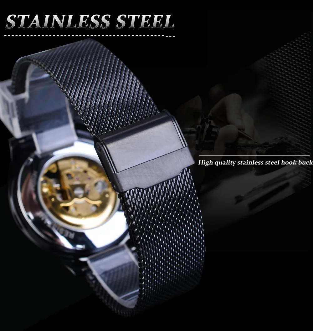 Winner классические мужские механические часы Скелет черный золотой тонкий аналоговый сетка стальной ремешок для мужчин s Повседневное платье наручные часы для мужчин