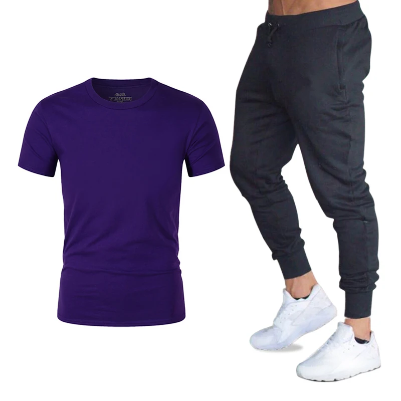 Весенняя и Осенняя новая мужская футболка с коротким рукавом, модная повседневная свободная футболка, Мужские дышащие спортивные штаны для бега, мужской комплект - Цвет: purple- 01