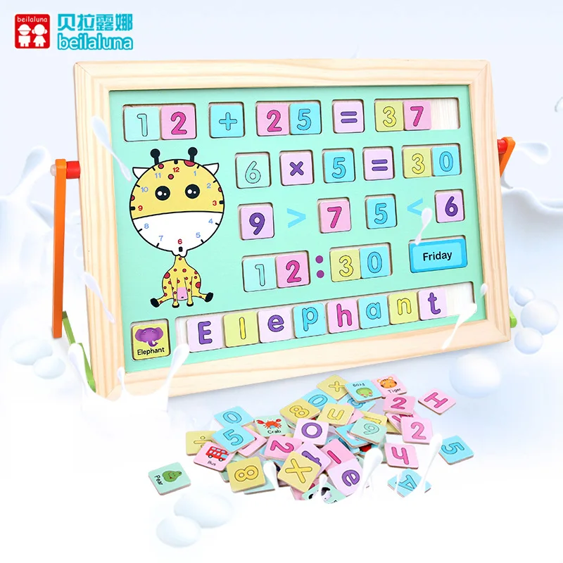 

Wooden Children Learning Drawing Board Wonderful Double-Sided Lettered with Numbers Toy Blocks Fight Learn