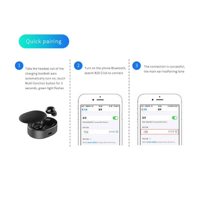 Спортивные bluetooth-наушники, стерео музыкальные наушники, игровые наушники, T50 TWS 5,0, 3D, беспроводной, уменьшающий шум, наушники