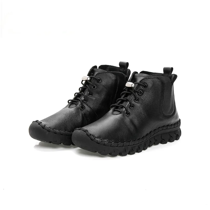 Handmade Ankle Boots With Fur Retro Boots Shoes Women Fashion Handmade Slip-on Soft Leather Winter Warm Boots Ladies X7-79 - Цвет: Черный