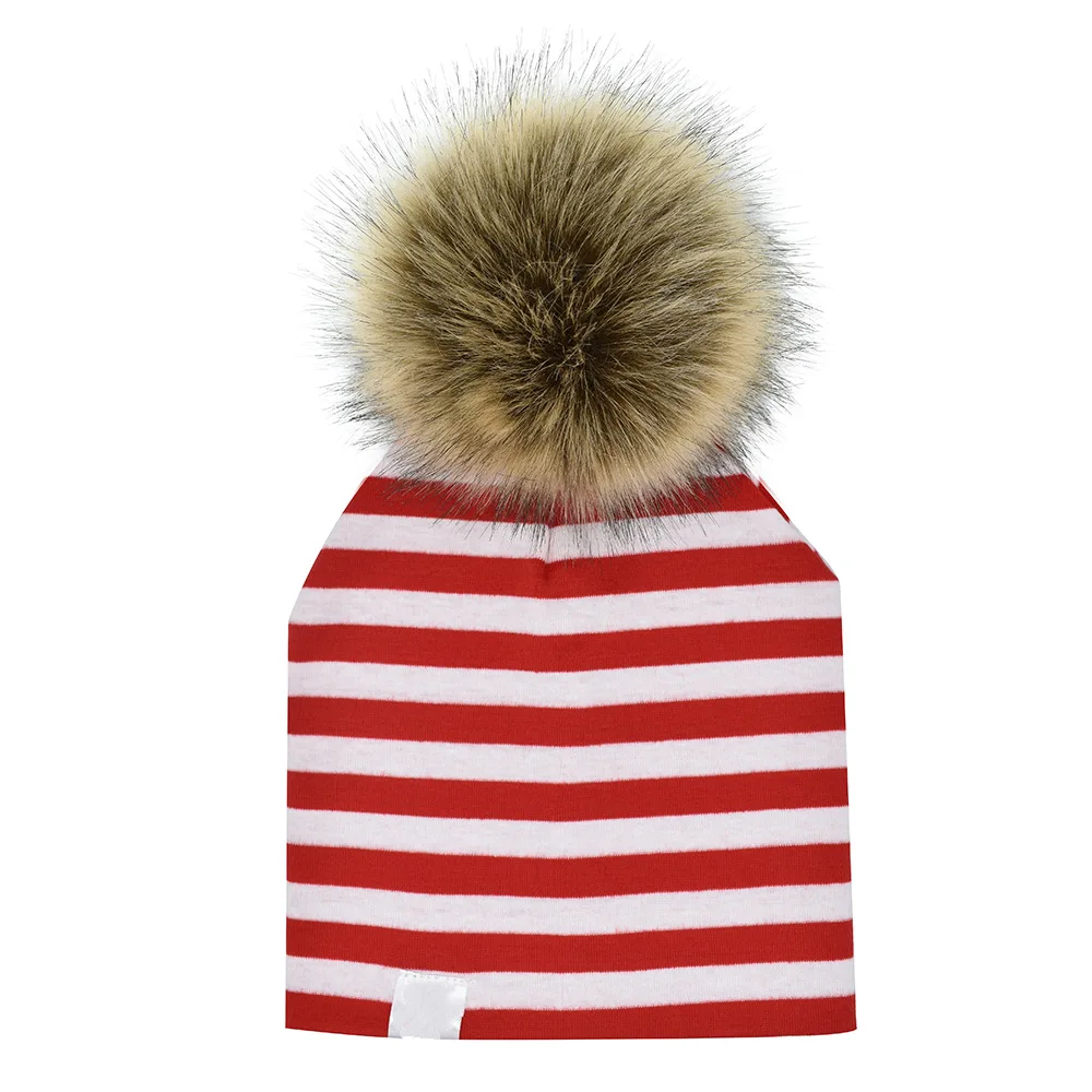 Pompom Baby Beanie Hats Caps Baby Winter Autumn Cotton Printing Girls Boys Toddler Hat For 6 Months to 4 Year Photography Props - Color: Red Stripe