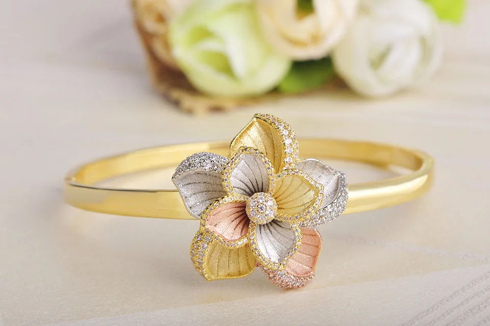 Blucome 3 Tones Cubic Zircon Flower Bangle Ring Sets Luxury Copper Wedding Bridal Jewelry Set For Women Adjustable Ring Gifts