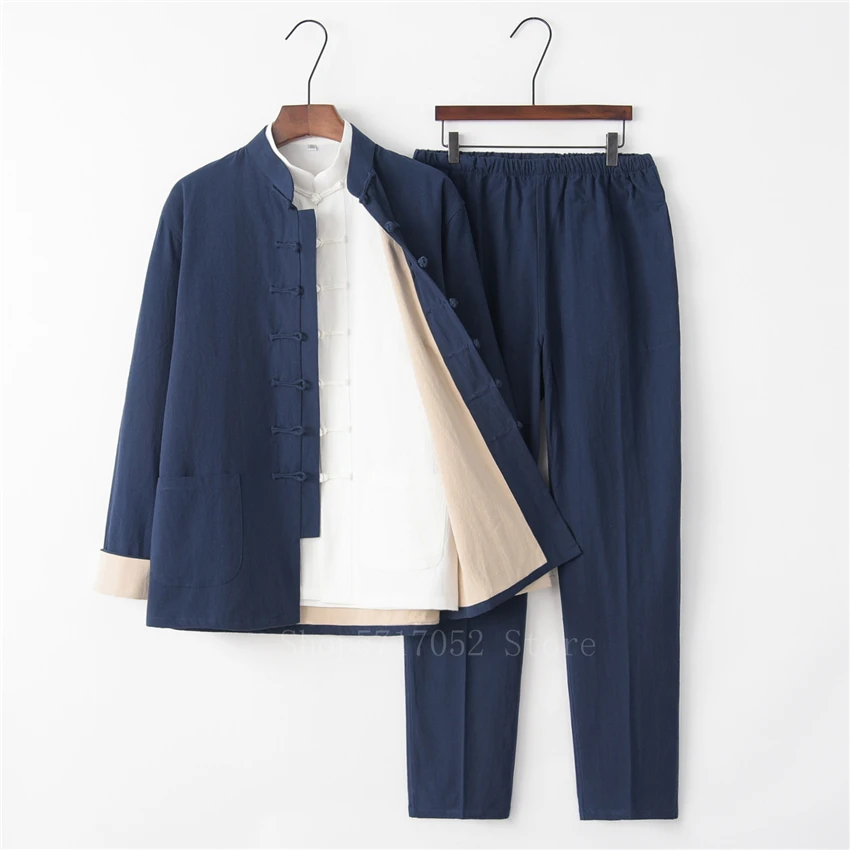 3PCS Chinese Traditional Tang Suit Male Solid Linen Kung Fu Uniform Retro Casual Plus Size Tai Chi 9Colors Clothing Set for Man