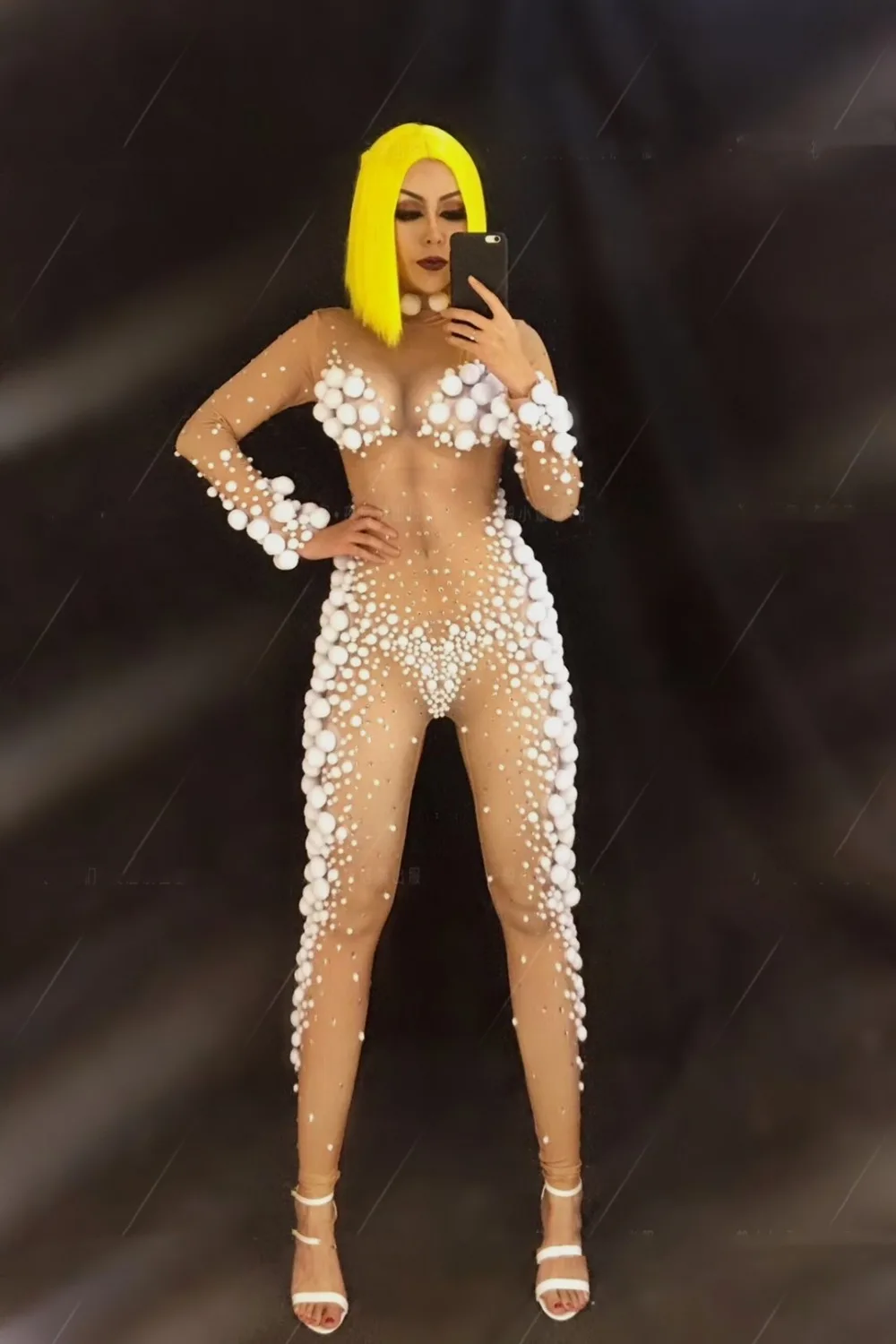 

Комбинезон для ночного клуба и вечерние, сексуальный женский комбинезон с маленькими белыми шариками, сценическая одежда, певец, танцор, празднование дня рождения