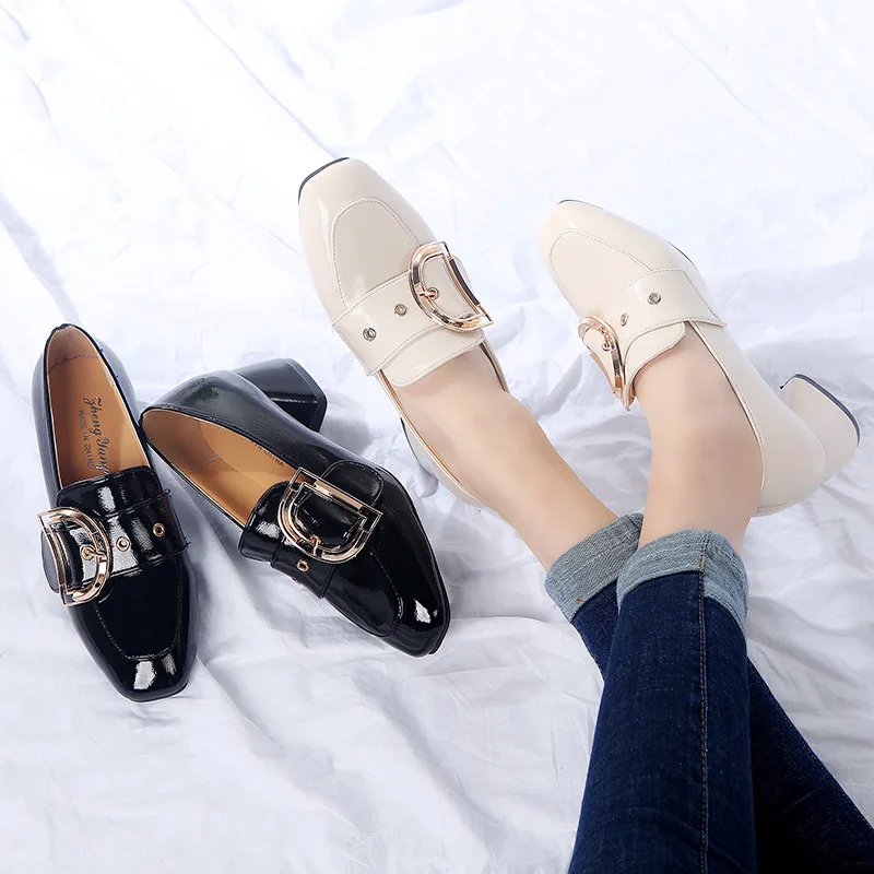 

INS Small Leather Shoes Women's 2019 Spring And Autumn New Style British-Style Square Head Chunky-Heel Metal Belt Buckle Versati