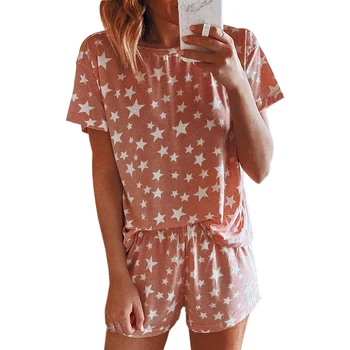 

CALOFE Womens Nightwear Pyjama Femme Night Suit Star Short Sleeve Pajama Set Night Top Short Sleepwear