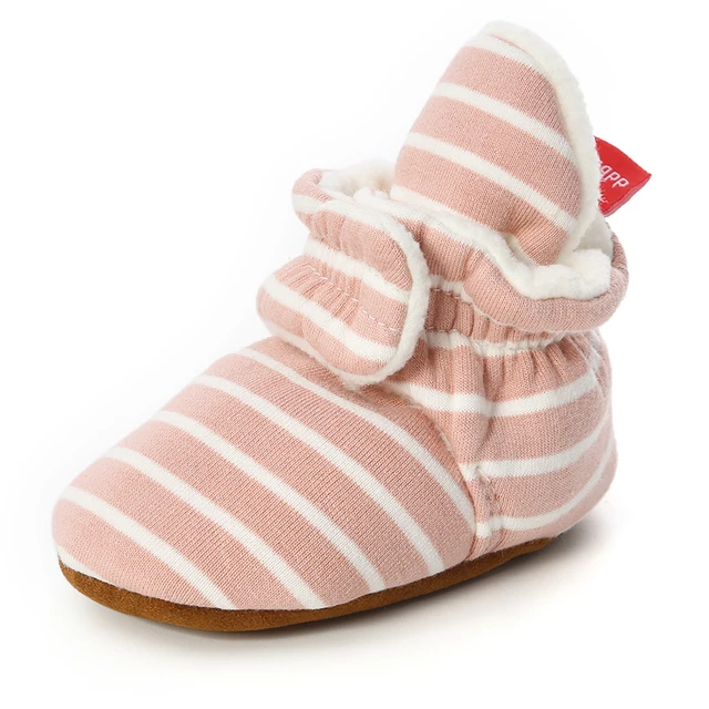 Newborn Baby Socks Shoes Boy Girl Star Toddler First Walkers Booties Cotton Comfort Soft Anti-slip Warm Infant Crib Shoes stripe pink