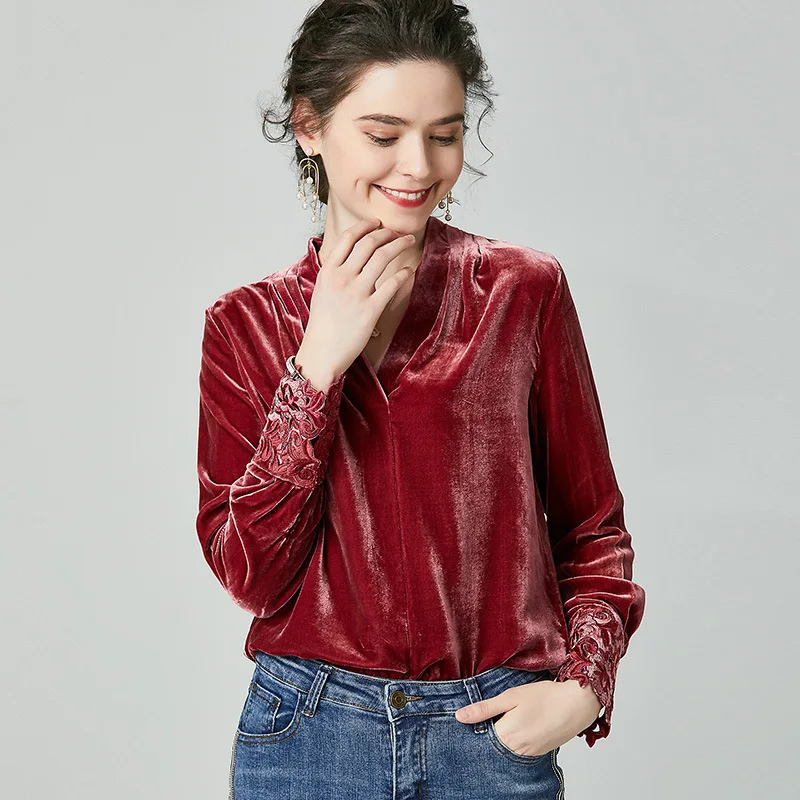 wine red Одежда высшего качества шелковые блузки рубашка весенние топы Для женщин с треугольным вырезом на шее Hollow Out вышивка в стиле пэчворк с длинными рукавами винно-Красный, темно-синий Топ - Цвет: wine red