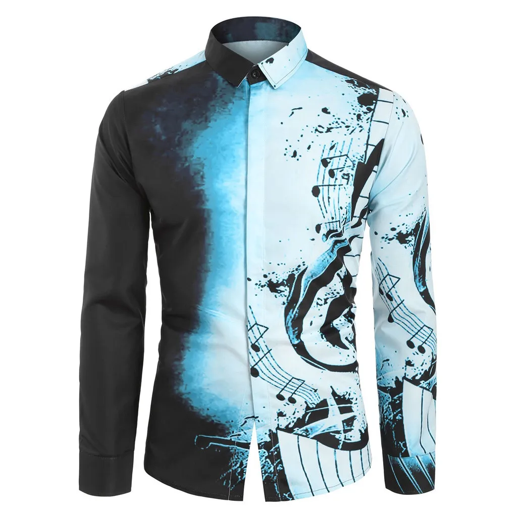 

Short Sleeve Round Hem Casual Men Casual Musical Note Pattern Casual Long Sleeves Shirt Top Blouse camisa masculina#730