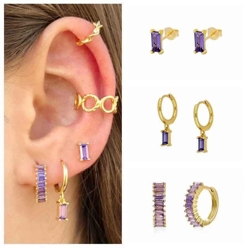 925 Plata de ley pendientes de aro de plata para las mujeres, blanca/negra Blanco/Negro/Verde/púrpura de cristal de CZ evitar alergia pendiente Huggie de joyería de moda