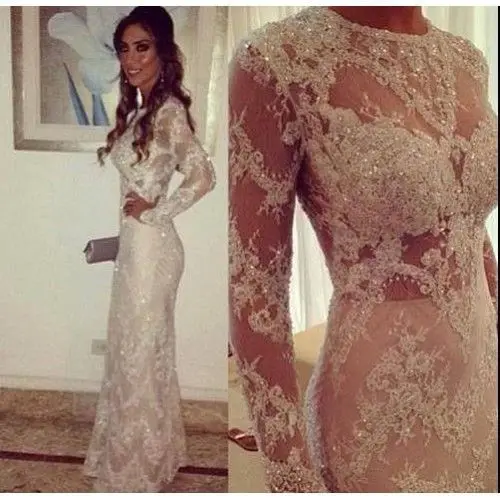 

2016 New Design Crystals Lace Wedding Dress With Long Sleeves Round Neck Sheer Slim Sexy Wedding Gown Custom Made