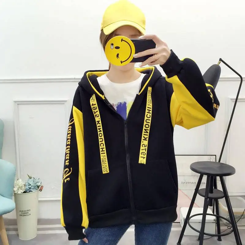 Autumn Winter Women's Sweatshirts Plus Velvet Thickening Hooded Korean Version Of The New Couple Zipper Jacket Harajuku Tops - Цвет: black