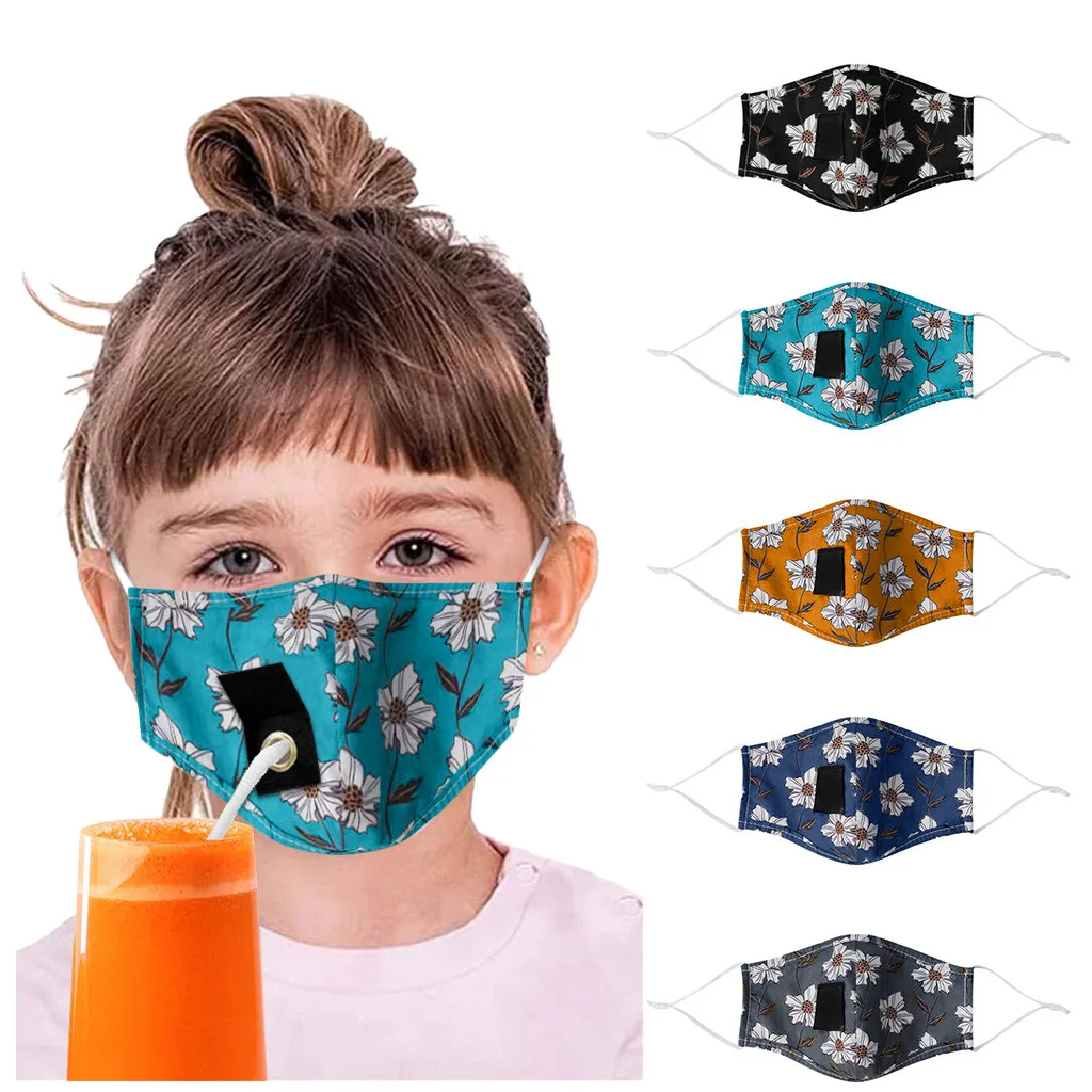 Kids Mask Floral Reusable Protect Drinking Face with Hole for Straw Washable Mask Fashion Mouth | Красота и здоровье