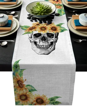 

Skull Sunflower Flower Table Runner Wedding Party Champagne Table Runners Dining Room Restaurant Home Tablecloth