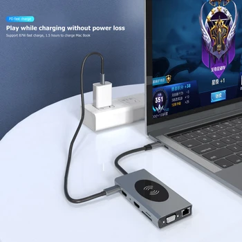 

3.5mm USB Hub Type C to HDMI VGA USB TF 14 in 1 RJ45 Wireless Charger Adapter for Household Computer Safety Parts