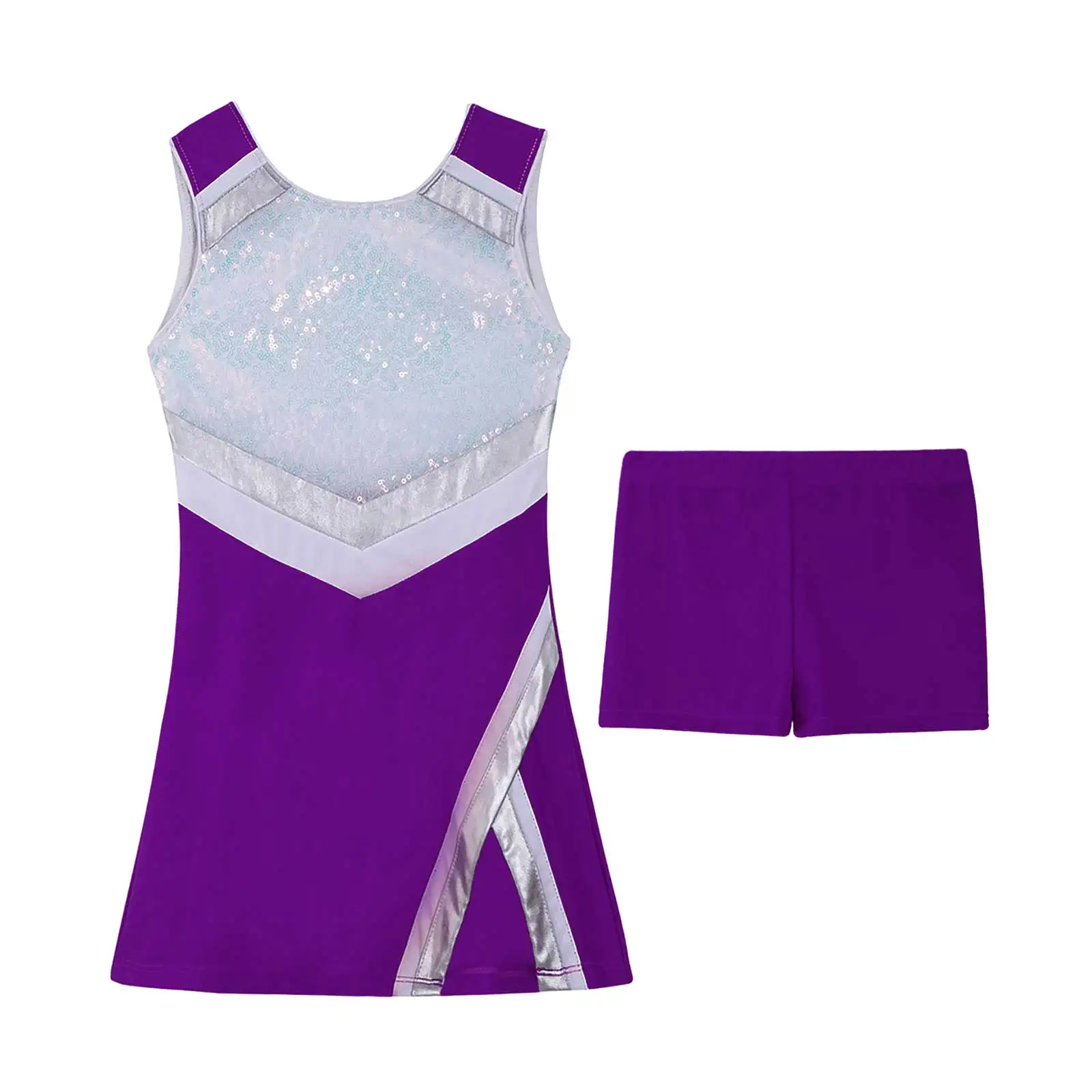 Kids Cheerleading Dancewear Girls Dance Outfit Sleeveless Shiny Sequins Sport Dress with Shorts Set Jazz Ballroom Dance Costume