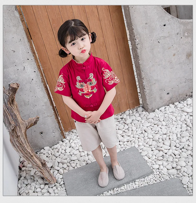 Children Chinese Costume Chinese Clothing Summer Men And Women Children Wind Printed Short Sleeve Two-Piece Set Baby Chines