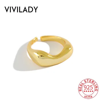 

VIVILADY Real 925 Sterling Silver INS Chic Irregular Glossy Open Women Charm Ring Trendy Gold Silver Color For Female Jewelry