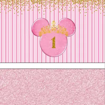 

8x8FT Pink Stripes Wall Gold Coins Happy 1st Birthday Minnie Head Custom Photo Background Studio Backdrops Vinyl 240cm x 240cm